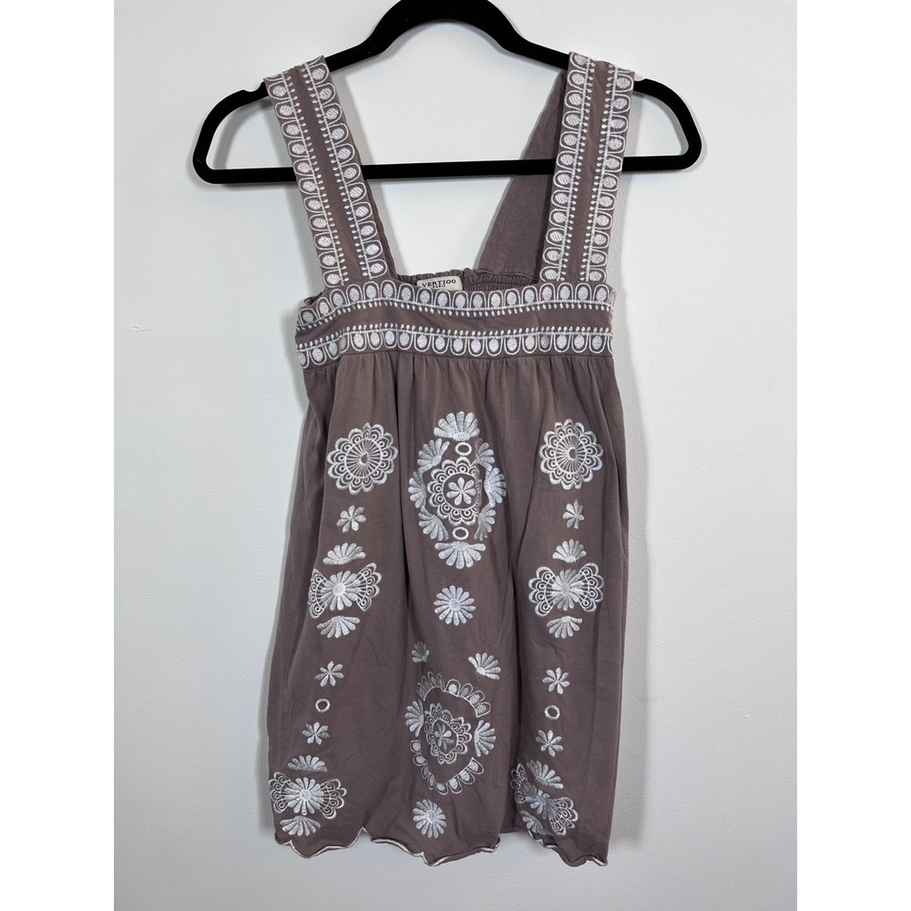 Vertigo Paris Embroidered Tank Top Small Boho Cotton Floral Brown White